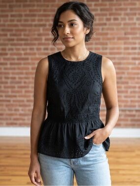 J. Crew Sleeveless Black Eyelet Peplum Top Size 0